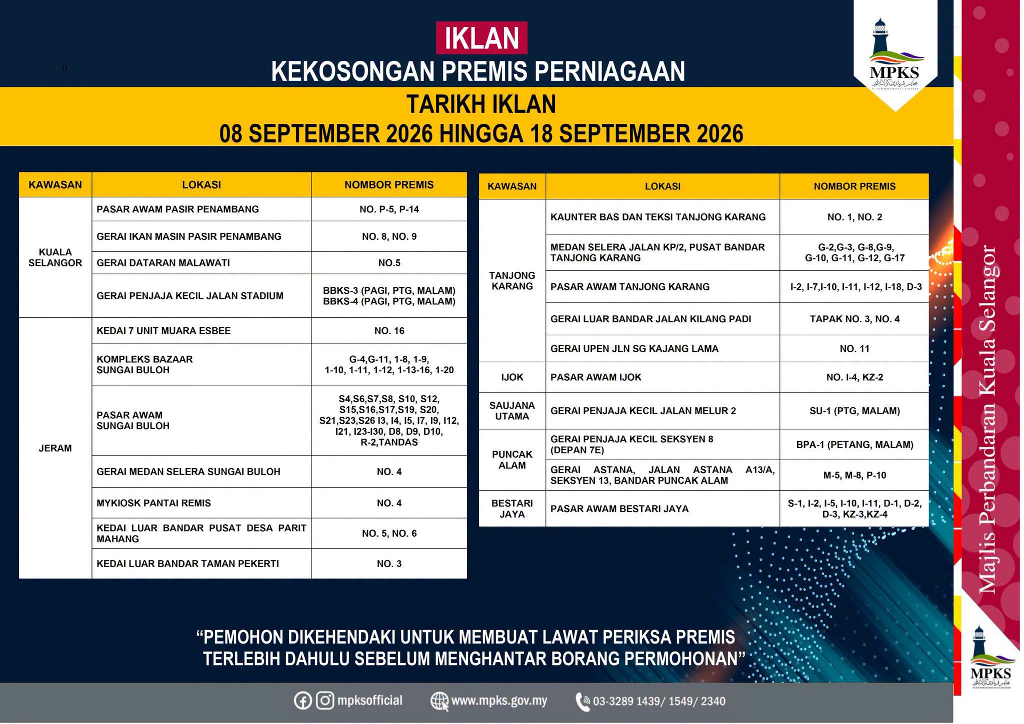 IKLAN KEKOSONGAN PREMIS PERNIAGAAN MAJLIS PERBANDARAN KUALA SELANGOR