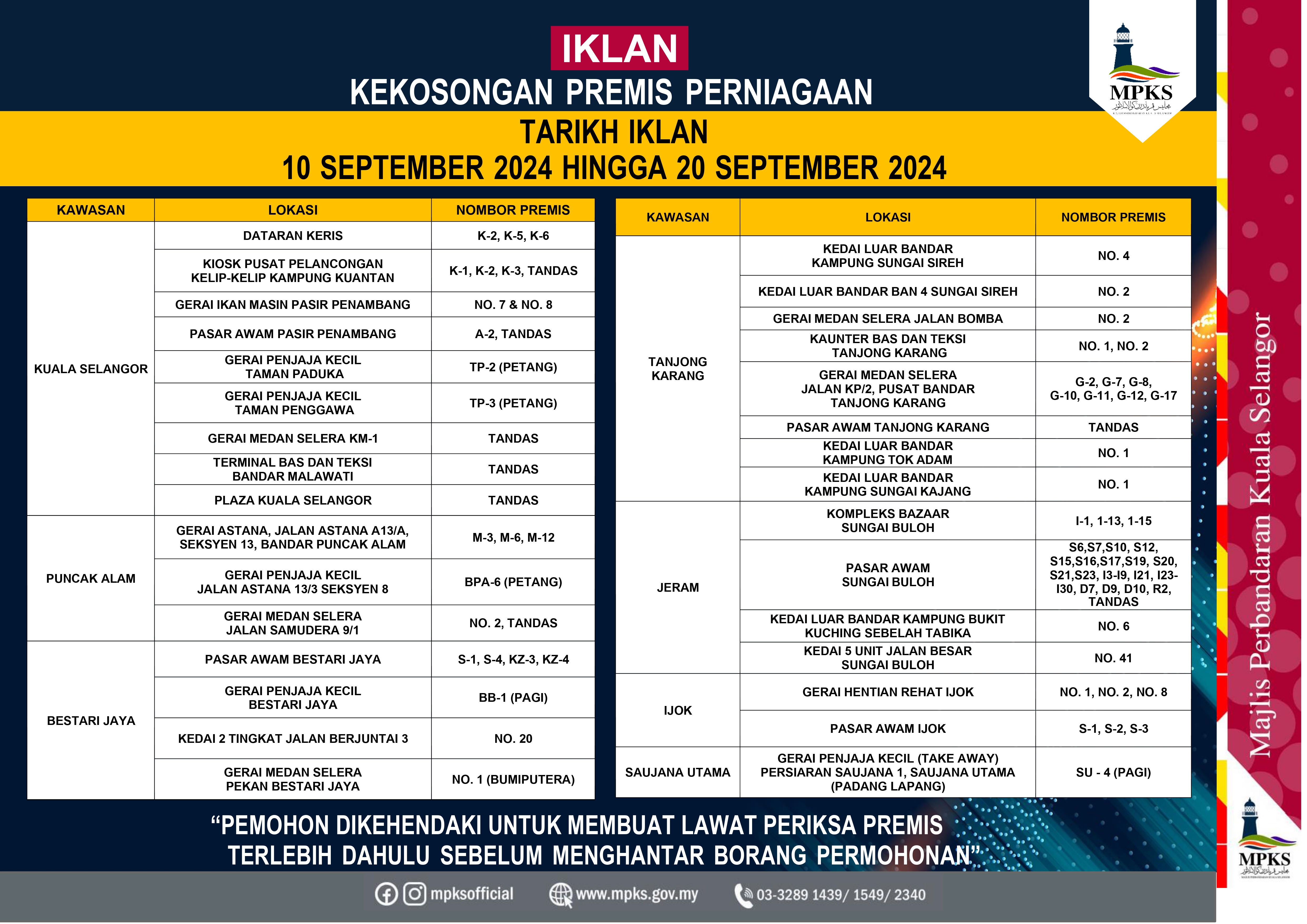 IKLAN KEKOSONGAN PREMIS PERNIAGAAN MAJLIS PERBANDARAN KUALA SELANGOR