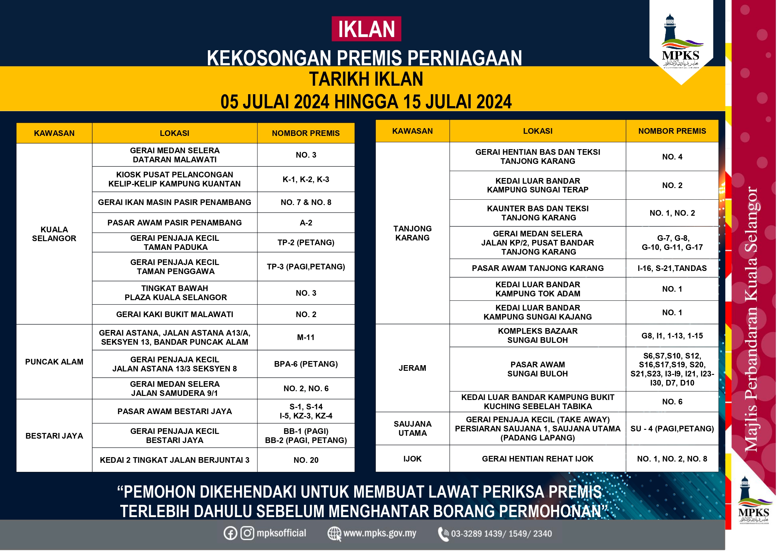 IKLAN KEKOSONGAN PREMIS PERNIAGAAN MAJLIS PERBANDARAN KUALA SELANGOR