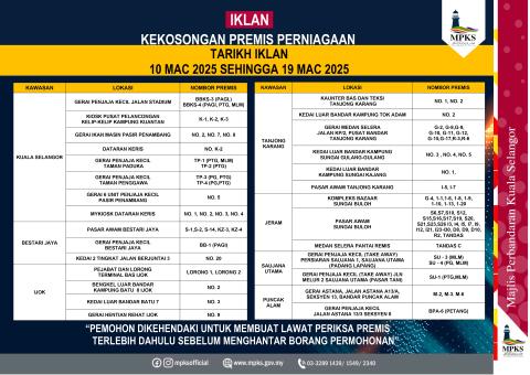 IKLAN KEKOSONGAN PREMIS PERNIAGAAN MAJLIS PERBANDARAN KUALA SELANGOR